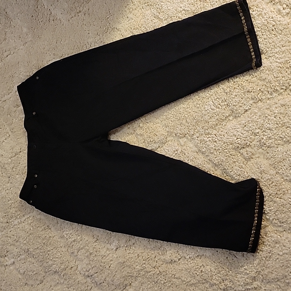 Ruby Rd. black capri stretch pants gold metallic trim at hem 3 pockets 12 EUC …
